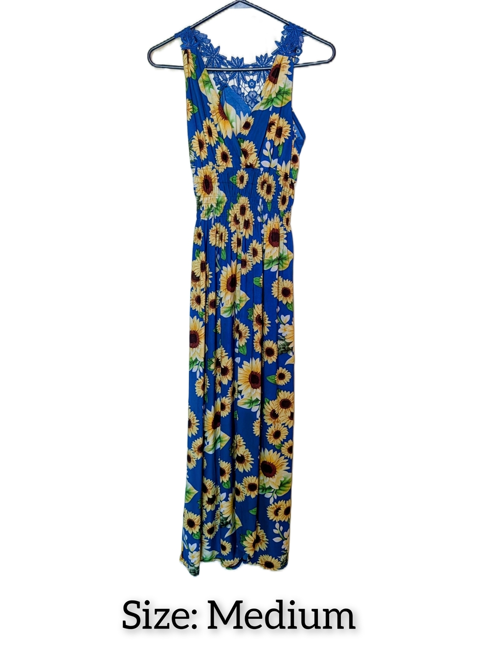 Blue Sunflower Maxi Dress with Lace Yoke